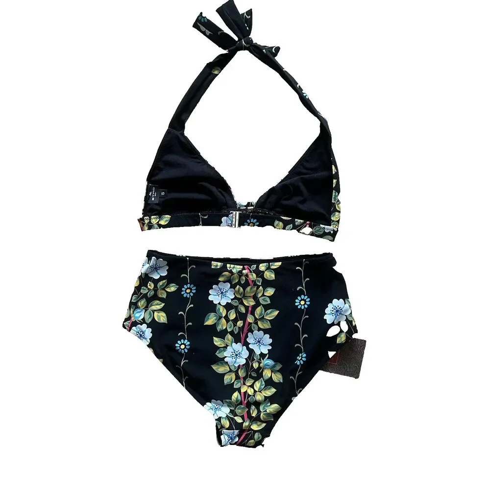 ETRO Milano BlackFloral Halter Neck High Waist Bikini Set NEW MSRP $850 Sz S/2-4